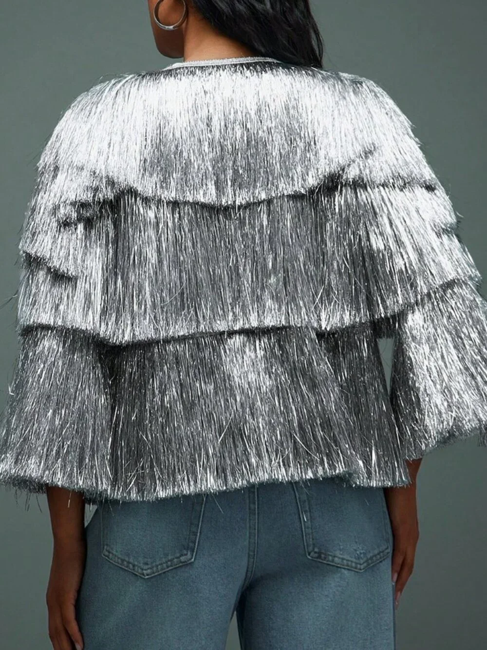 Silver Elegant Women's Night Out Party Shiny Fringe Layered Long Sleeves Jacket - Picture 2 of 5